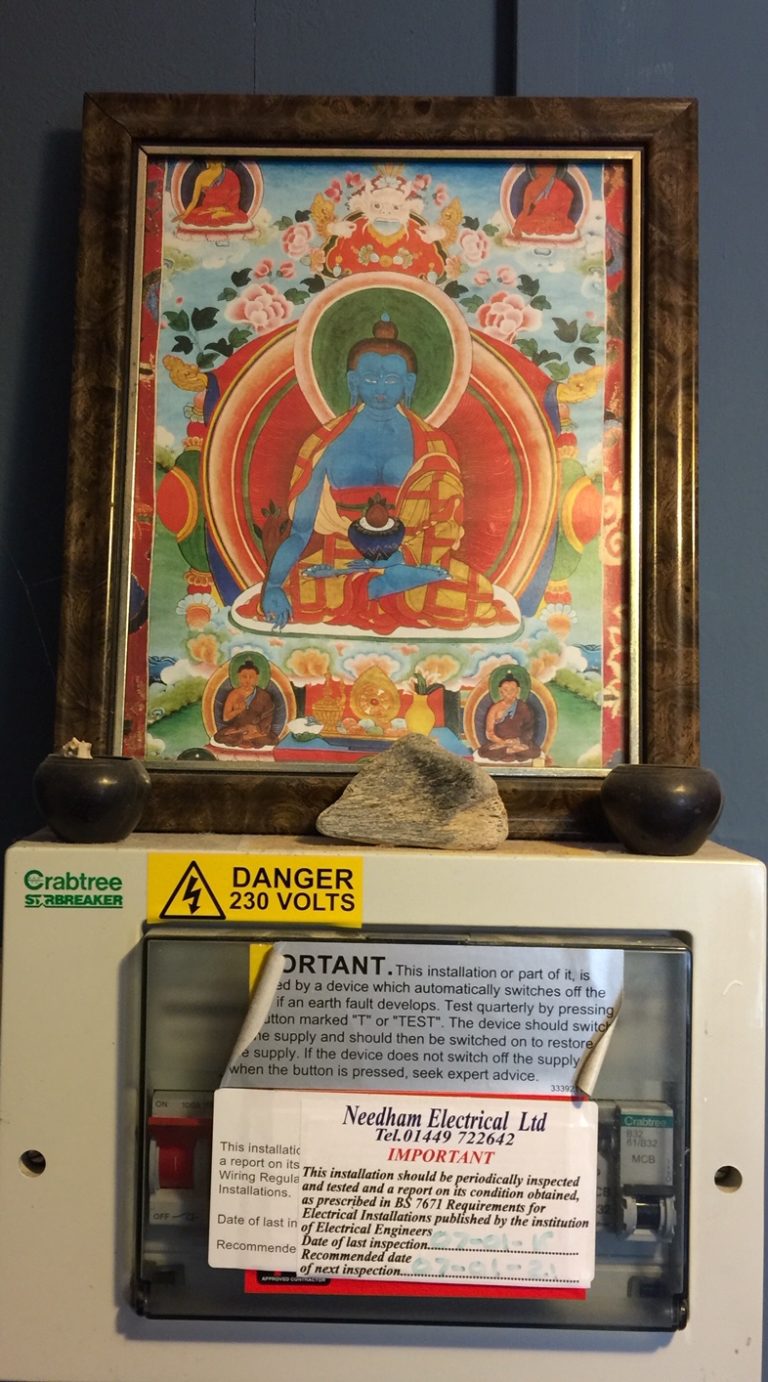 'I like the juxtaposition of Bhaishajyaguru and the ‘danger 230 volts’. A shrine can be everywhere in our home as well as heart and mind' Srivandana