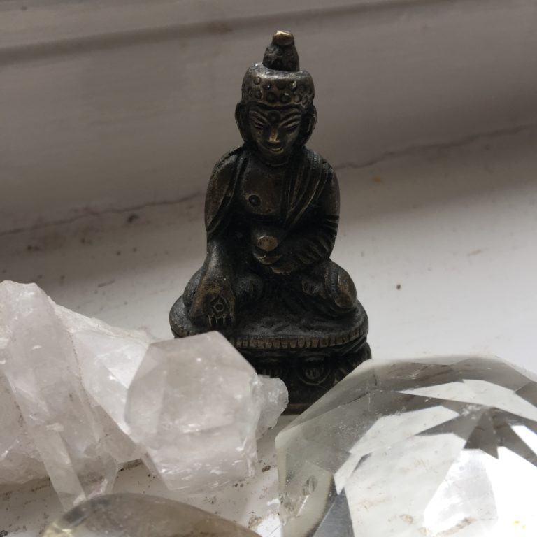 'The smallest shrine in my home with a Medicine Buddha on the windowsill above my bed' Srivandana